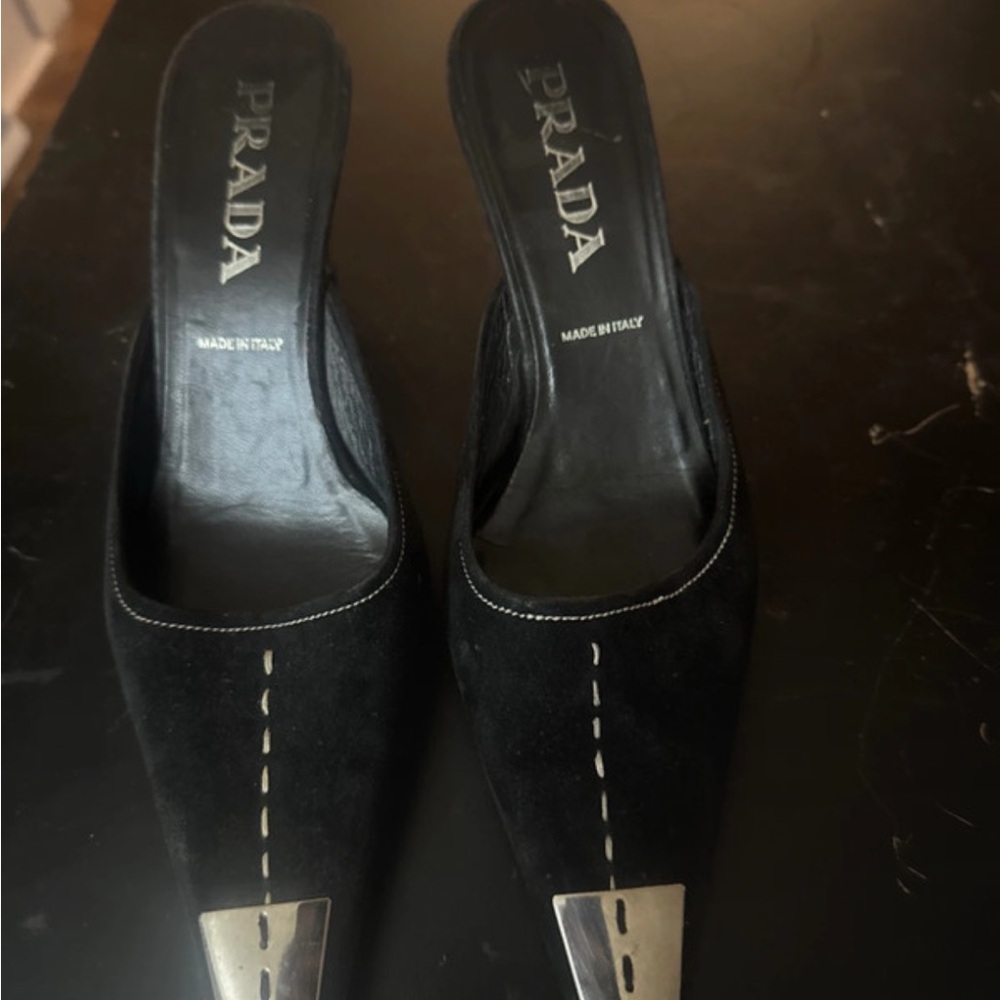 Prada Black Suede Pointed Mule with Silver Toe Cap